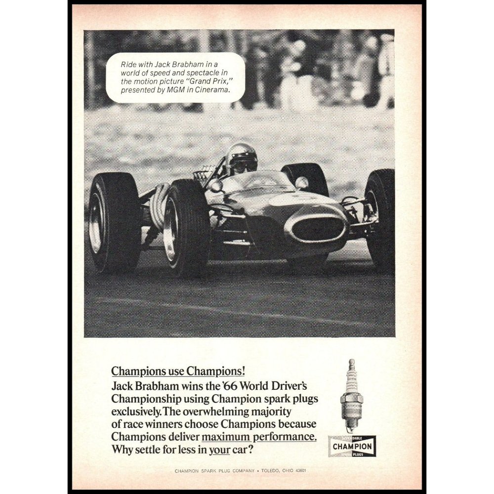 1967 Champion Spark Plugs Grand Prix Racing Race Car Vintage Print Ad Wall Art